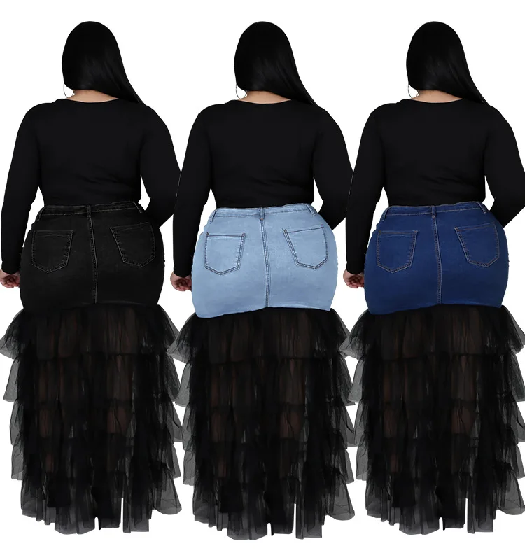 Denim Tulle Skirts Womens Summer Asymmetrical Mesh Patchwork Pocket Pleated Long Skirt Streetwear Jeans Black