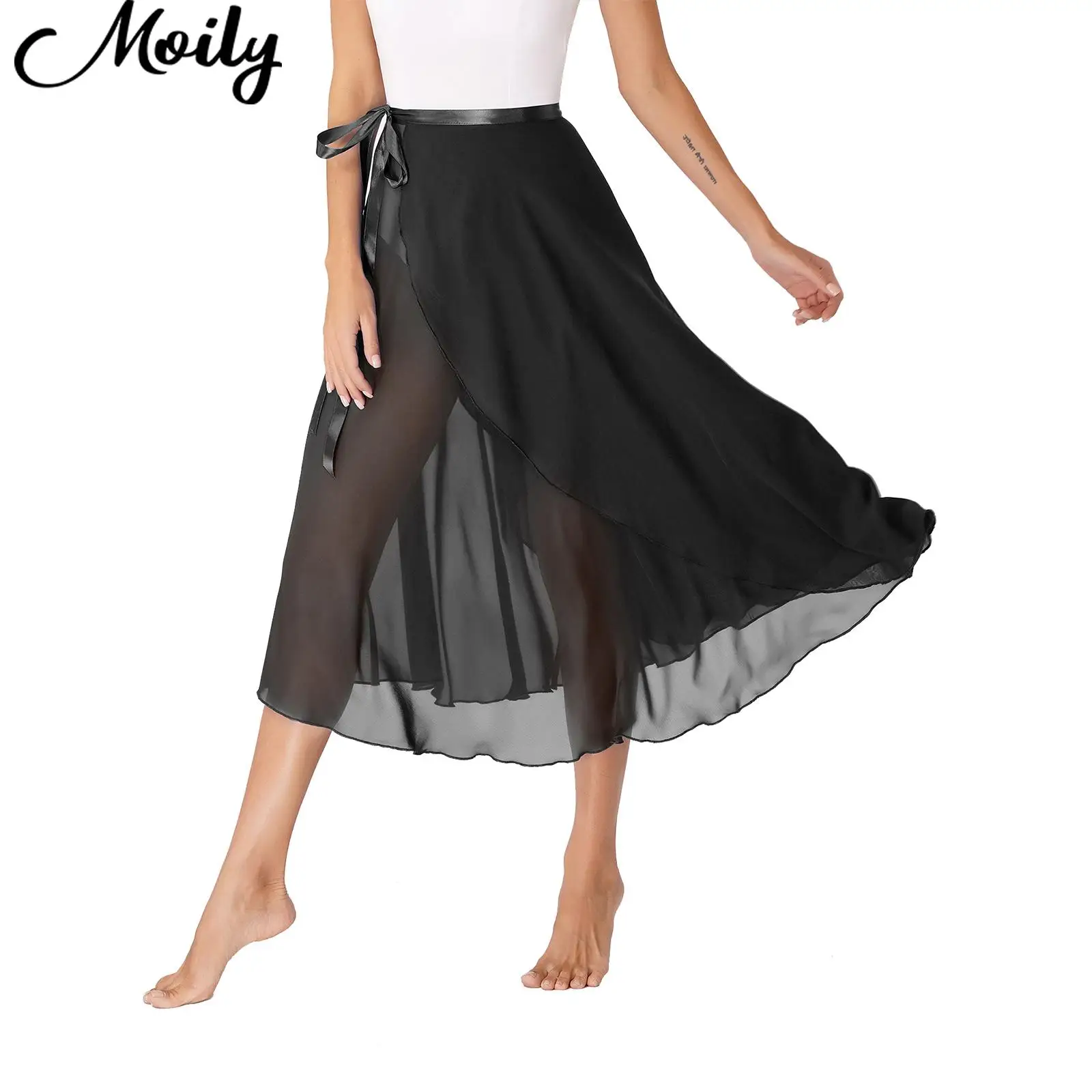 

Women Ballet Modern Dance Training Skirt Costume Lace-Up Flowy Skirt High Waist Midi Skirt for Classical Dancing Gym Performance