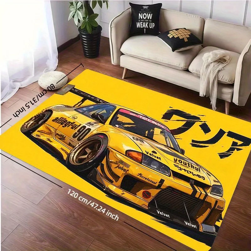 Japanese Street Racing Design Area Rug, for Living Room, Bedroom, Game Room Decor - Vibrant Yellow & Black Sports Car Art Mat