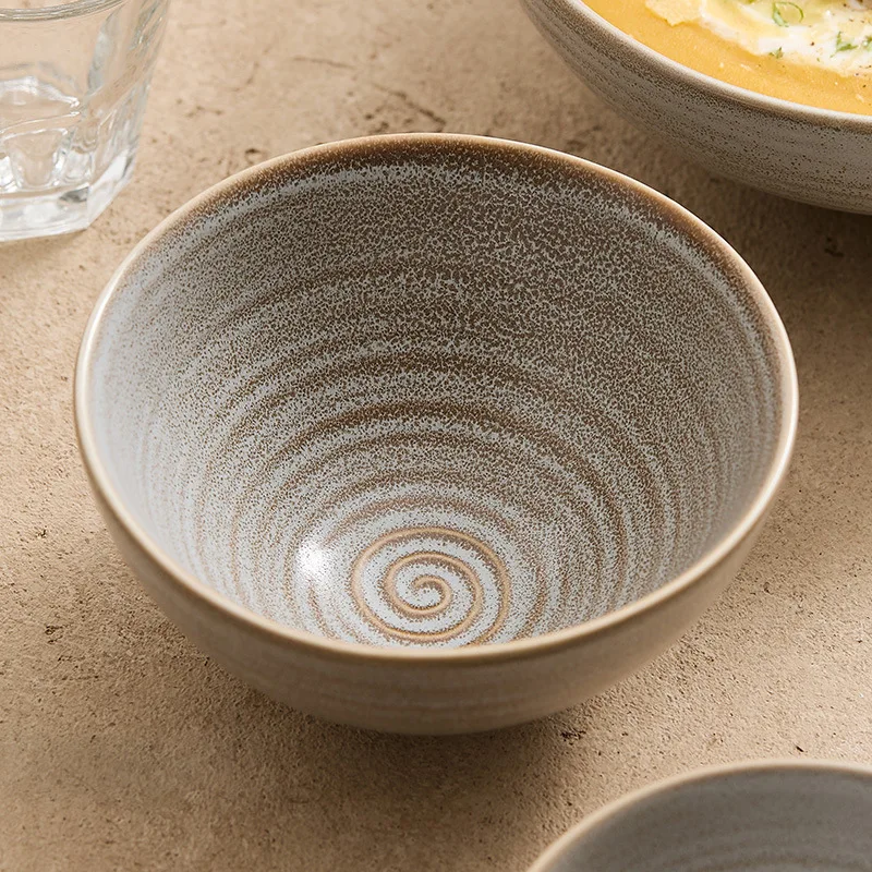 Versatile Kiln-Change Threaded Ceramic Bowl - Tea-Colored Rice/Soup/Noodle/Salad Bowl (Japanese Hat Style, Large)