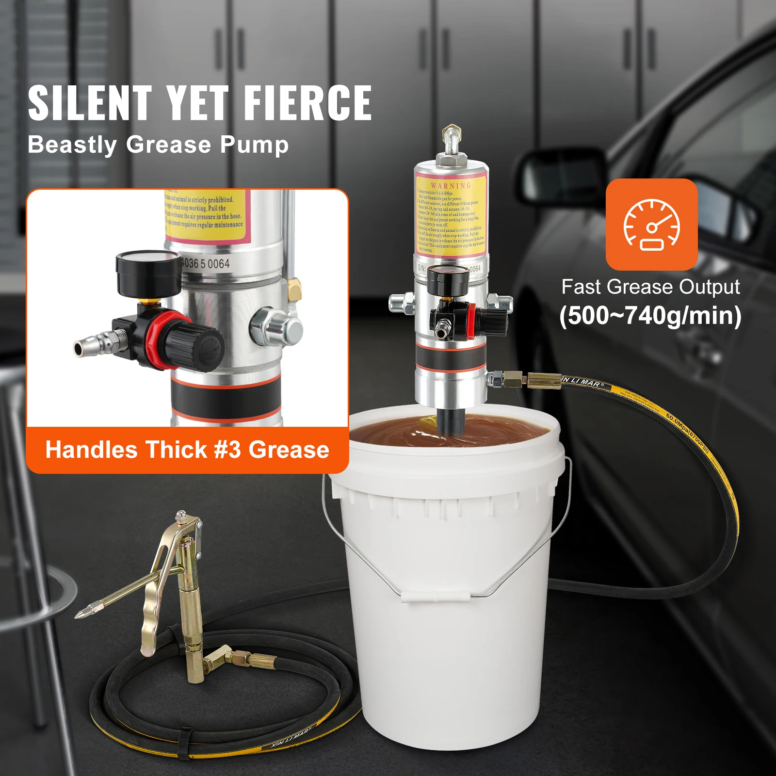 SucceBuy Pneumatic Grease Pump Air Operated with 13 ft High Hose 360° Swivel Grease Gun Head Lubrication 50:1 Pressure Ratio