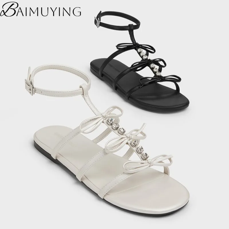 

Bow Women Square Toe Flat Sandals Crystal Casual Shoes Woman 2025 Trend Summer Shallow Dress Slingback Soft Sole Sandalias Mujer