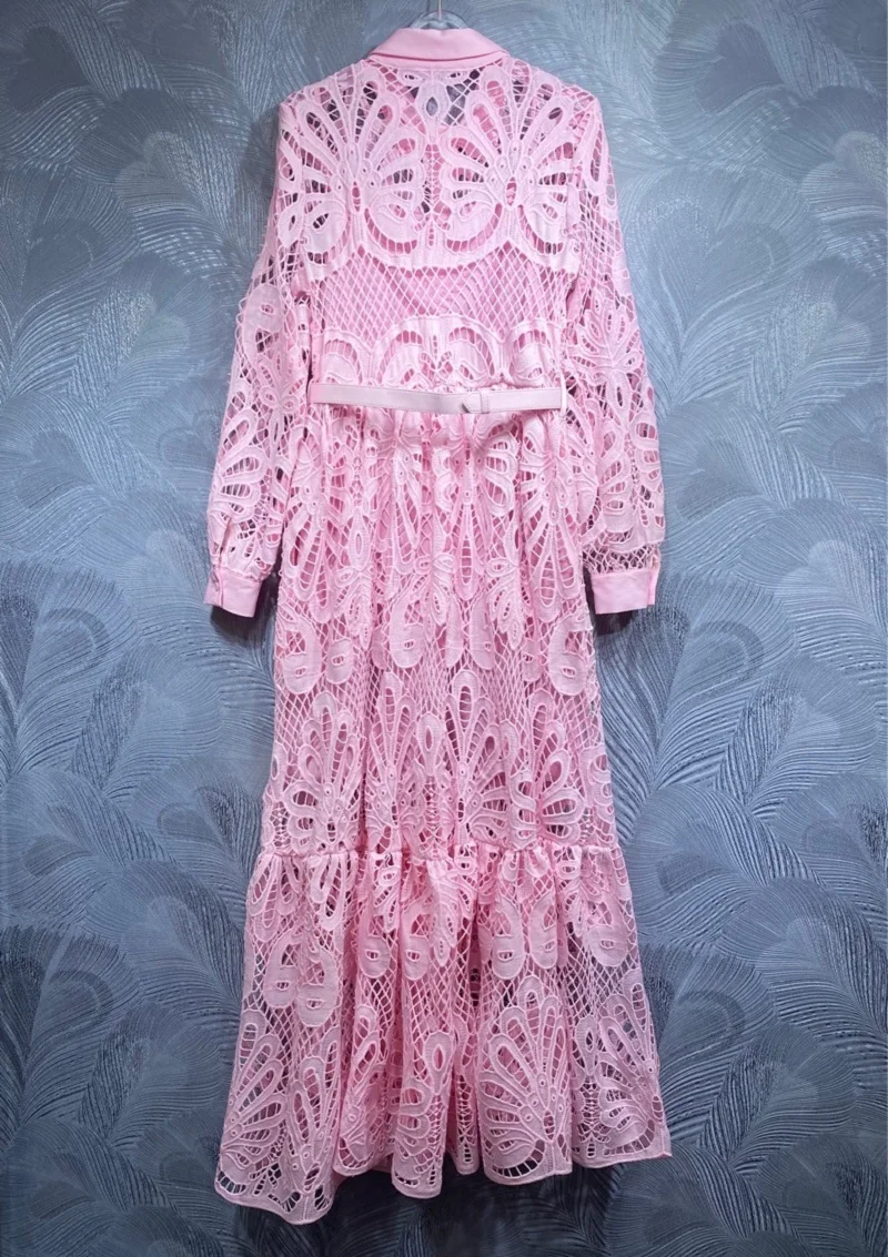 Top Quality New 2024 Autumn Long Dress Women Turn-down Collar Allover Crochet Lace Embroidery Belt Deco Long Pink Dress Maxi