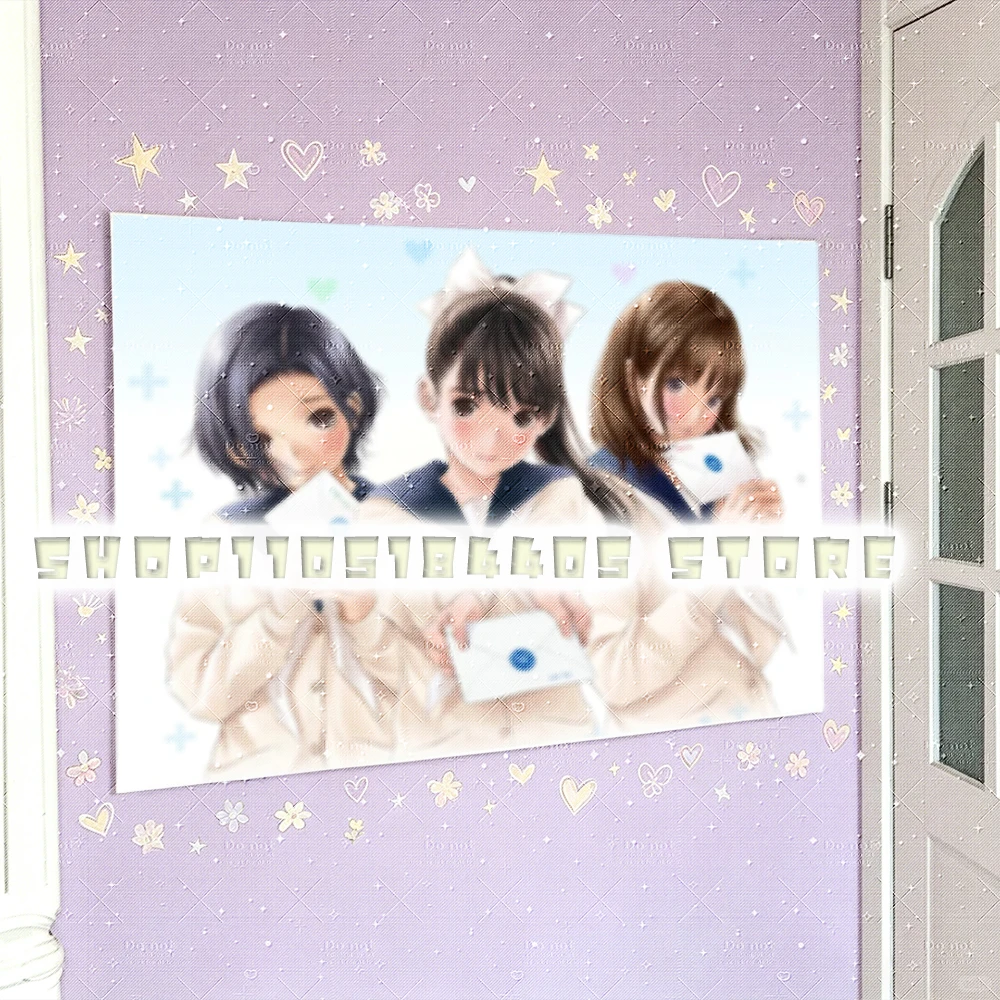 Three Girl Love Letter Tapestry, NEW LovePlus Three Main Heroines Official Group Art, Rinko Manaka Nene In Matching Cream Sailor