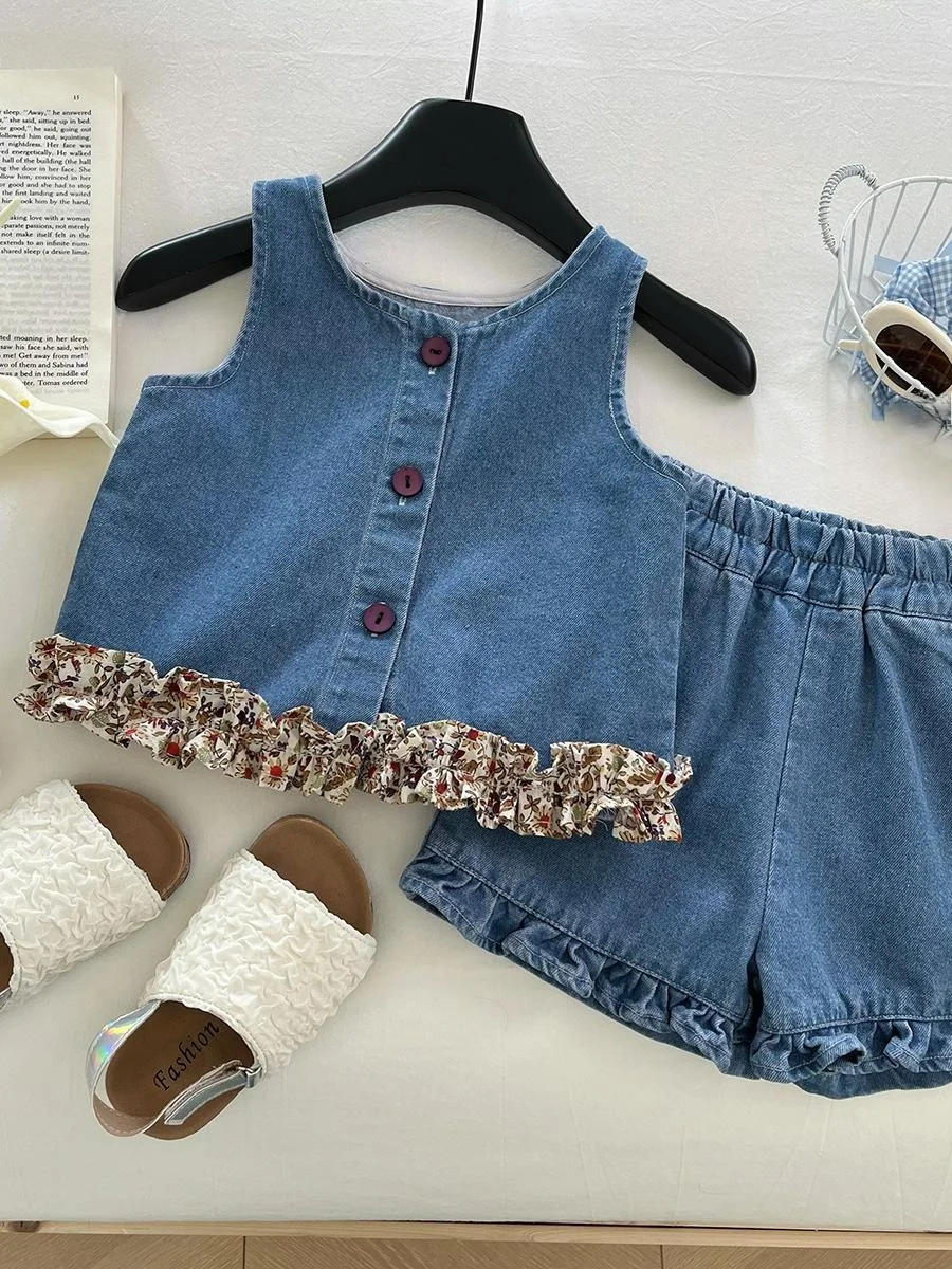 

Модный летний тонкий джинсовый комплект для девочек, повседневная одежда, стильный новый летний наряд для девочек