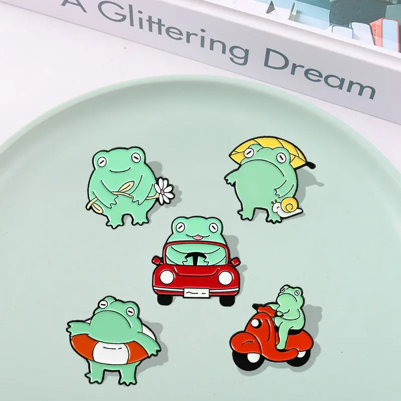 Pins Custom Froggy Car Swimming Pool Plant Brooch Lapel Badge Bag Cartoon Animal Jewelry Gift for Kids Friends Fun Frog Enamel