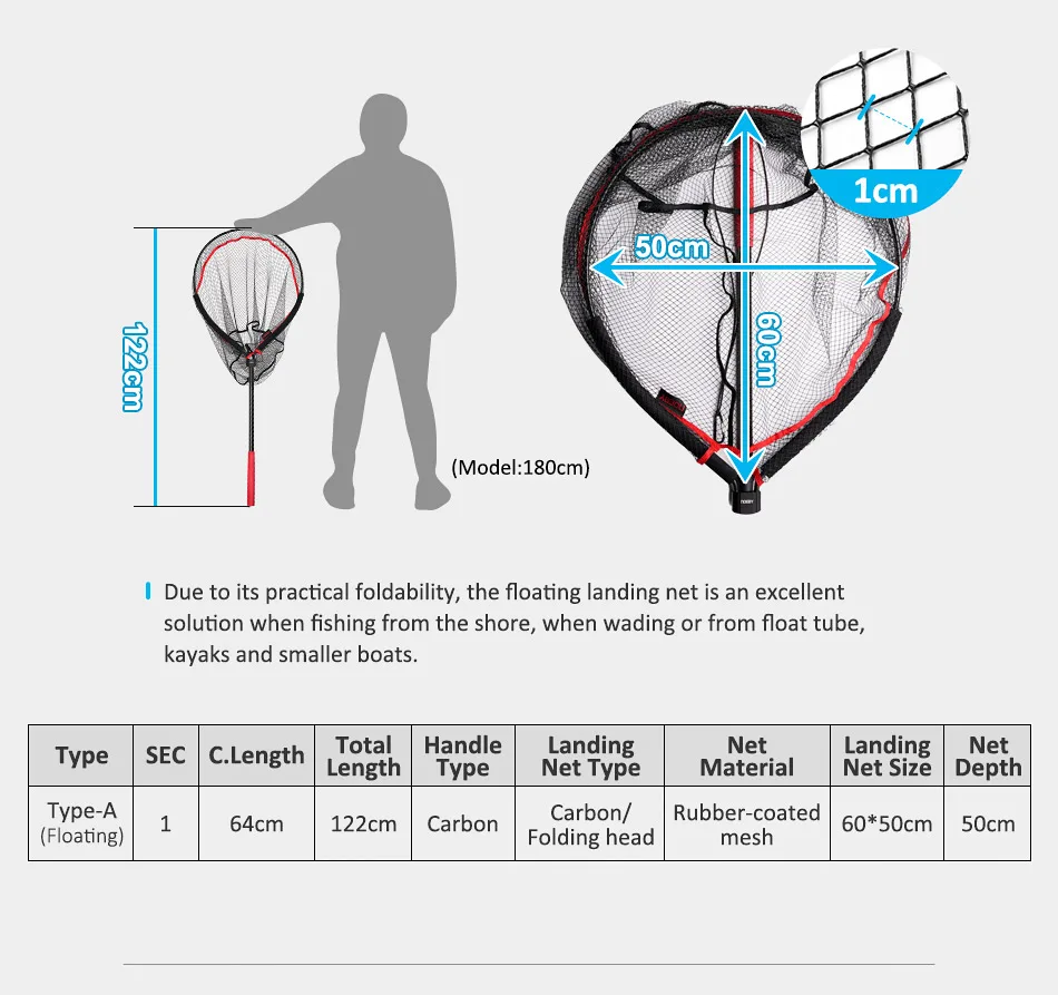 NOEBY Folding Landing Net 60cm×50cm Carbon Handle Floating Net 122cm Boat Float Tube Fishing Tackle