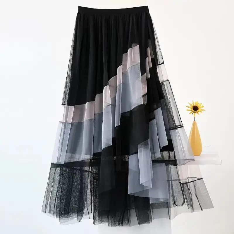 2025 neue Hohe Taille Gefaltete Midi Rock Weibliche Mode Patchwork frauen Frühling Sommer Elegante High Street Mesh Tüll Lange röcke