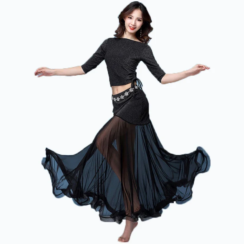Buikdanskostuum Professioneel pak voor dames Mesh korte mouwen Top + sexy split lange rok 2 stuks Oosters danspak voor meisjes