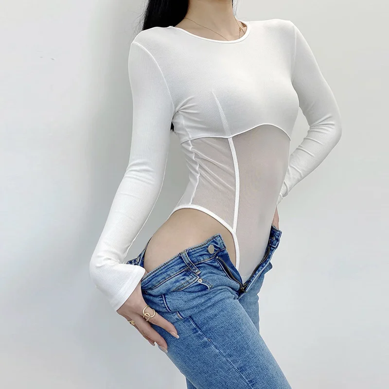 Spicy Girl Sexy Mesh Spliced Long Sleeve Tops Bodysuits Women Spring/Summer New Slim Mesh Lace Korean Tops M625