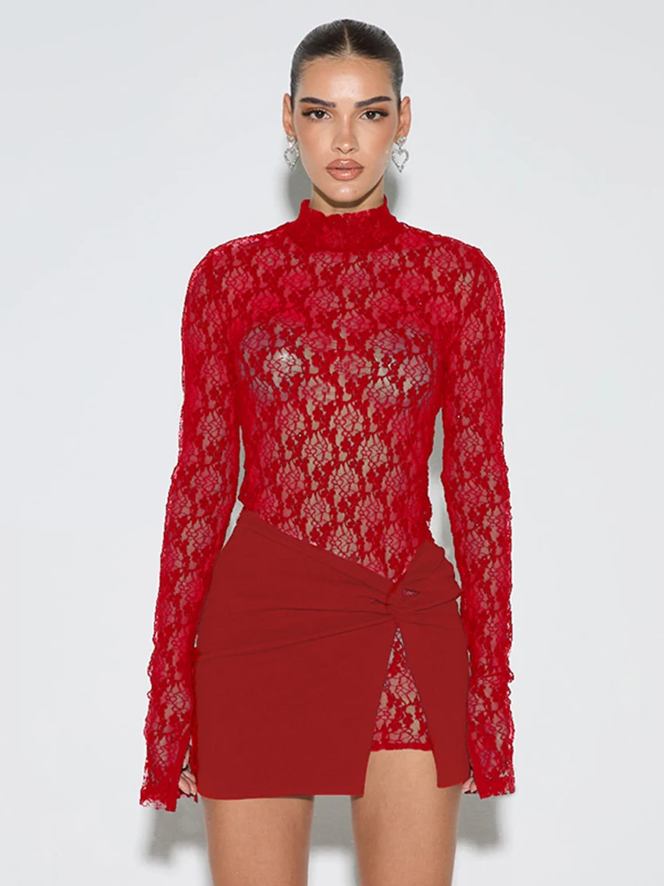 الدانتيل مذهل 2 قطعة مجموعة محب انظر من خلال كم كامل نحيل فستان قصير + مطوي تنورة صغيرة جديدة الصلبة Coquette كلوبوير