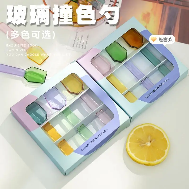 Color Glass Spoon Dessert Ice Cream Salad Handled Spoon Coffee Soup Stirring Spoon High boric acid heat and cold resistanc