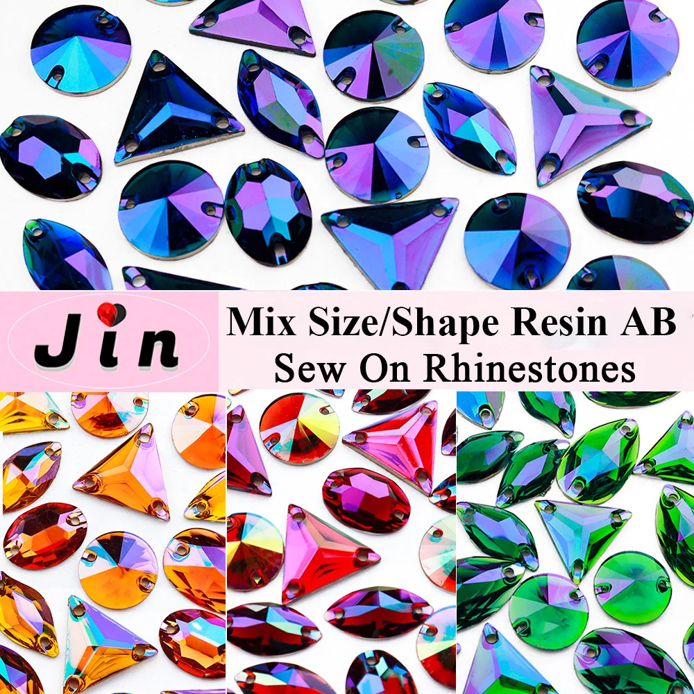 JIN 20/50/100Pcs Mix Shape Resin Sew On Rhinestones Crystal AB Crafts Sapphire Strass Sewing Clothes Accessories Stones Diamonds