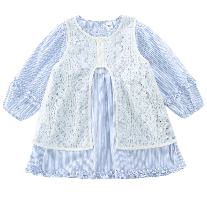 Conjunto de 2 Piezas para Niñas, Vestido a Rayas Azules y Chaleco Blanco de Crochet, Nuevos Estilos 2026, Vestidos de Primavera, Verano y Otoño para Niñas de 2 a 9 Años
