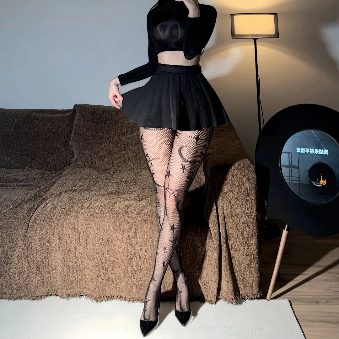 Sexy Women's Stockings Fishnet Leggings Printed Sheer Crotchless Pantyhose Thigh High Stretch Embroidered Garter Garter