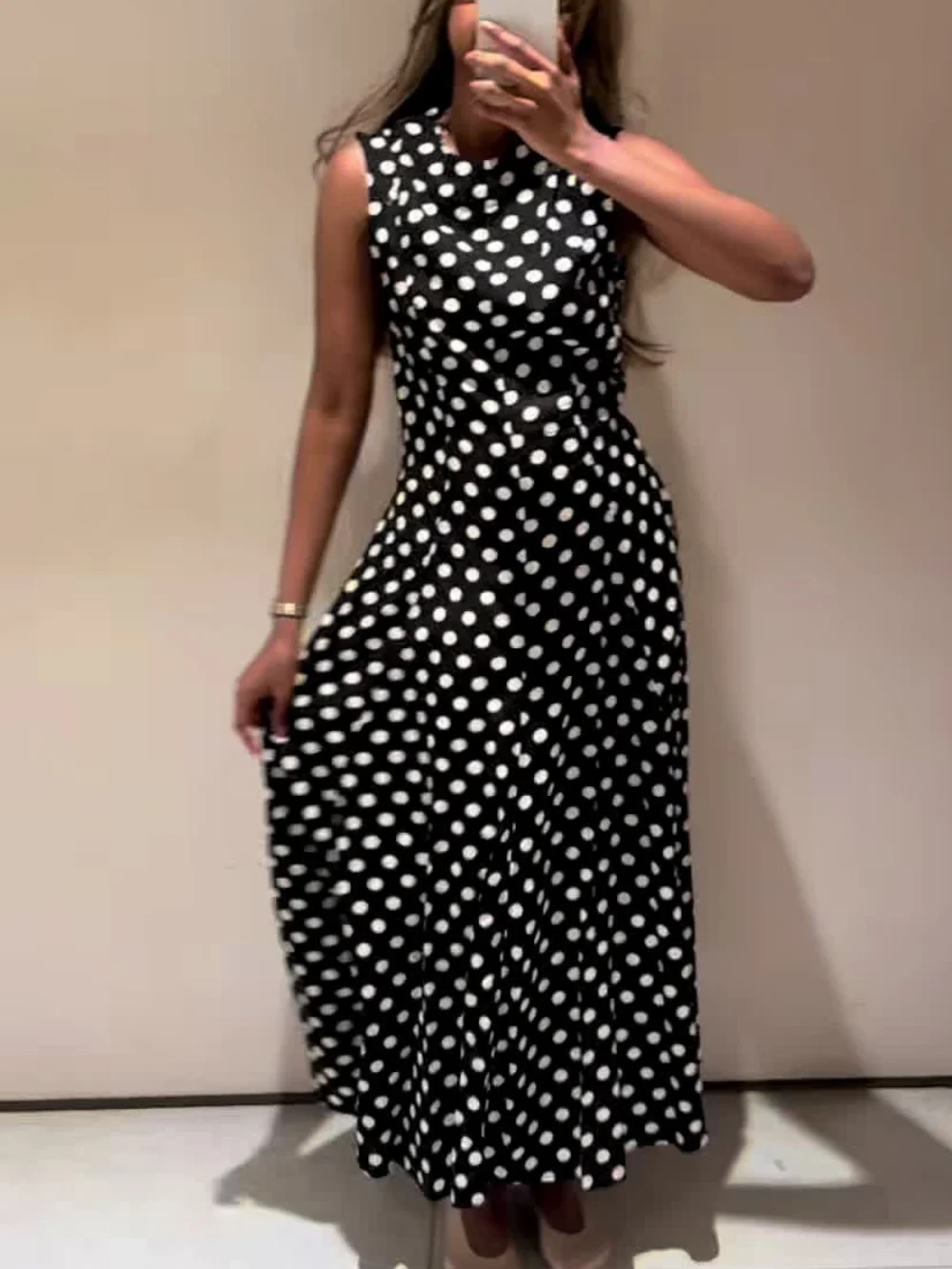 

Elegant polka dot vest dress female sleeveless round neck long dress 2025 summer fashion casual holiday party lady dress