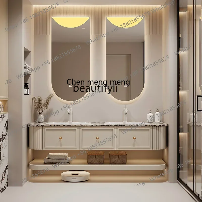 X AFrench cream style bathroom cabinet combination double basin luxury stone light luxury integrated basin washstandHY
