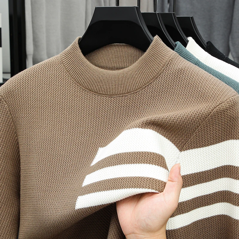 

High Quality Hot Selling Men's Knitted Sweater Soft Elastic Thick Semi High Neck Striped Jacquard Pullover Winter Warm Menswear