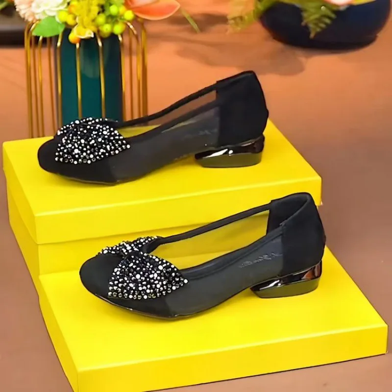 Women's Bow Low Heel Shoes Summer Rhinestone Pointed Head Mesh Breathable Sandals Non-slip Lightweight Slip on Loafers image 5