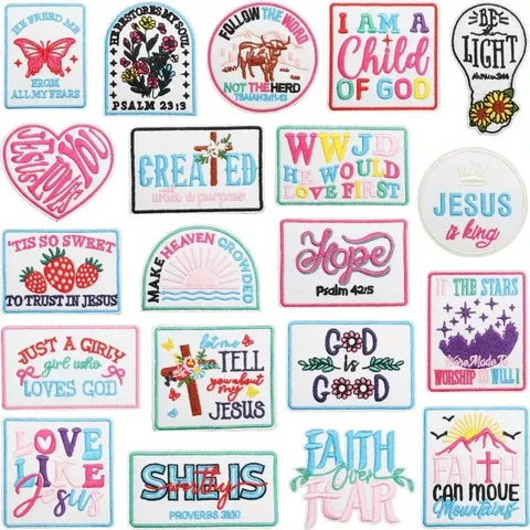 20Pcs Christian Embroidered Patches Bible Verse Faith Iron On Patches Aesthetic Vintage Western Religious Sew On Applique for Jackets Hats Backpacks DIY Decor