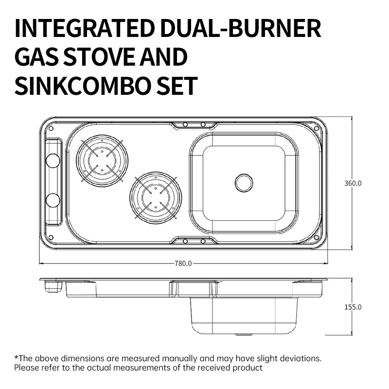 RV Integrated Kitchen Sink & 2-Burner Stove Combo, 304 Stainless Steel with Foldable Faucet & Glass Cover for Wholesale/Bulk