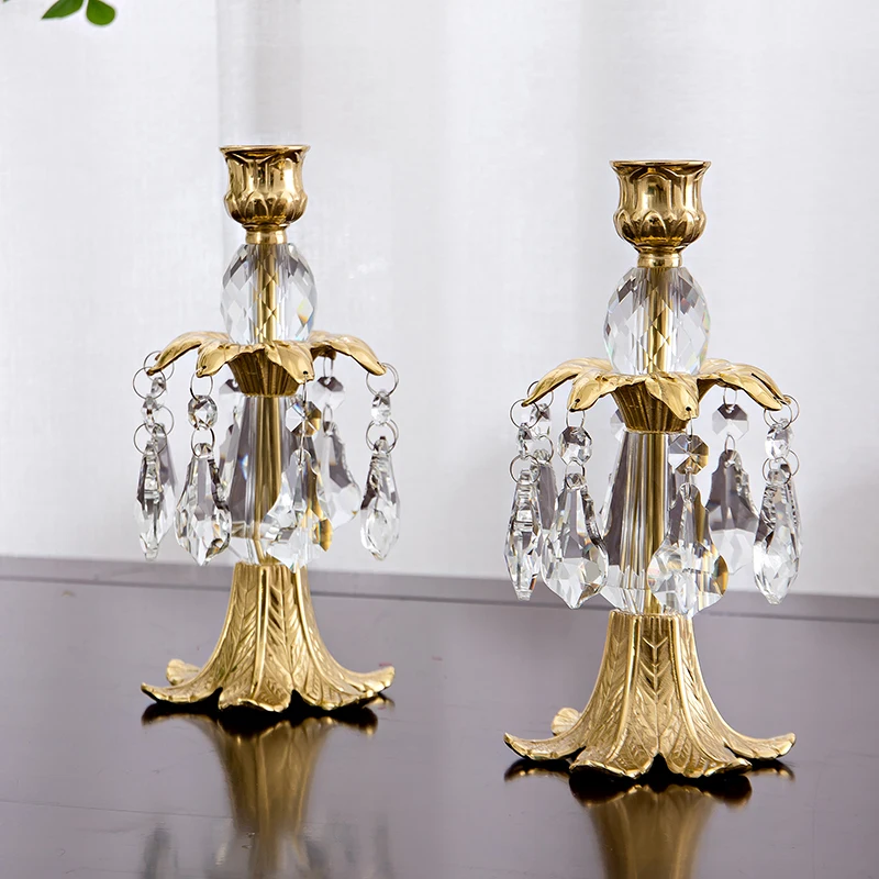Brass Candle Holder Copper Crystal Candle Stand Antique Taper Candlestick for Home Hotel Wedding Center Table Decoration