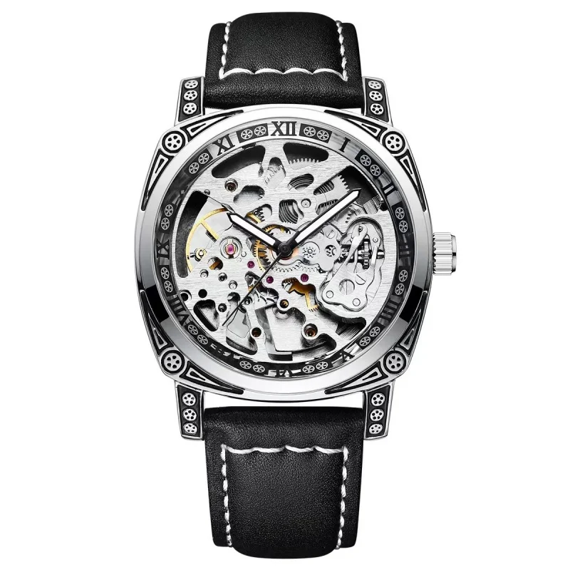 Genuine Goods in Stock Live Broadcast Cross-Border Men's Mechanical Watch Authentic Leather Hollow out Design Relief Carved Wate