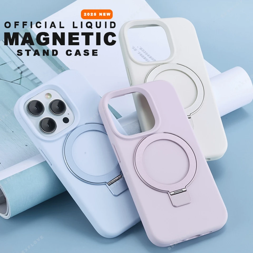 

Magnetic Liduid Silicone Phone Case For iPhone14 11 12 13 16 Pro Max 15 14 16 Plus Magsafe Stand Charge Protector Soft Cover