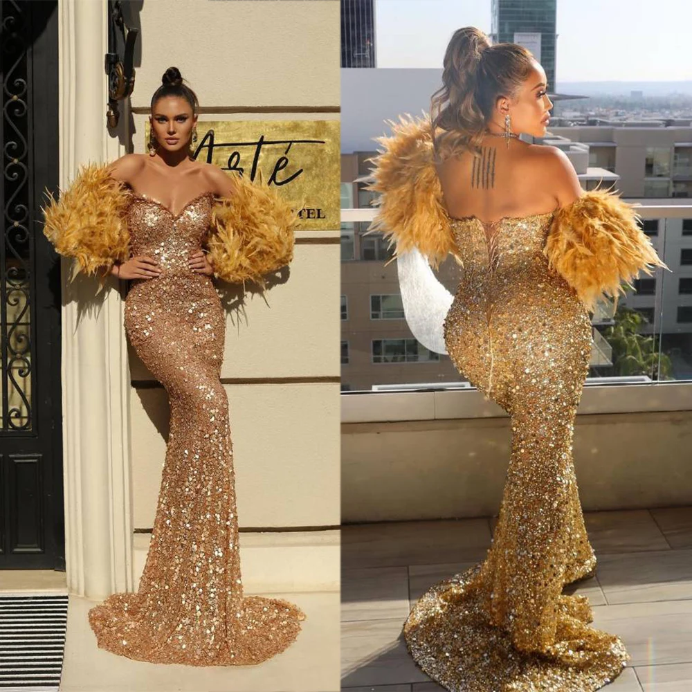 Sparkly Celebrity Dresses For Women Sequins Feather Skirt Slim Fit Sweep Train Removable Sleeves Sweetheart Dress Prom Party