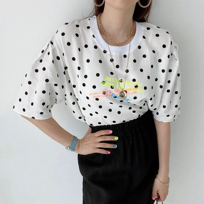 Neploe Loose Polka Dot Short Sleeve T-Shirts 2024 Summer Femme Korean Chic Simple Niche Versatile Round Neck Letter Print Tees