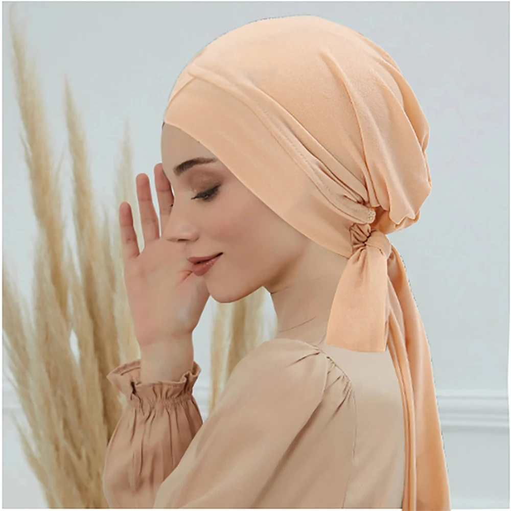 

Women New Muslim Inner Hijab Turban Pre-Tied Cap Solid Long Tail Headscarf Wrap Beanies Bonnet Head Scarf Stretch Headwear Hat