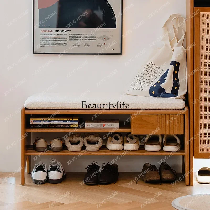 HHShoe Changing Stool Sitting Integrated Cherry Wood Household Shoe Storage Stool
