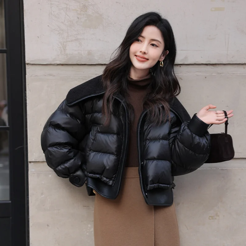 

Woman Winter Coats 2024 New Down Jackets Lamb Hair Lapel Patchwork Fashion Outerwears Thickened Warm Short Jackets for Women