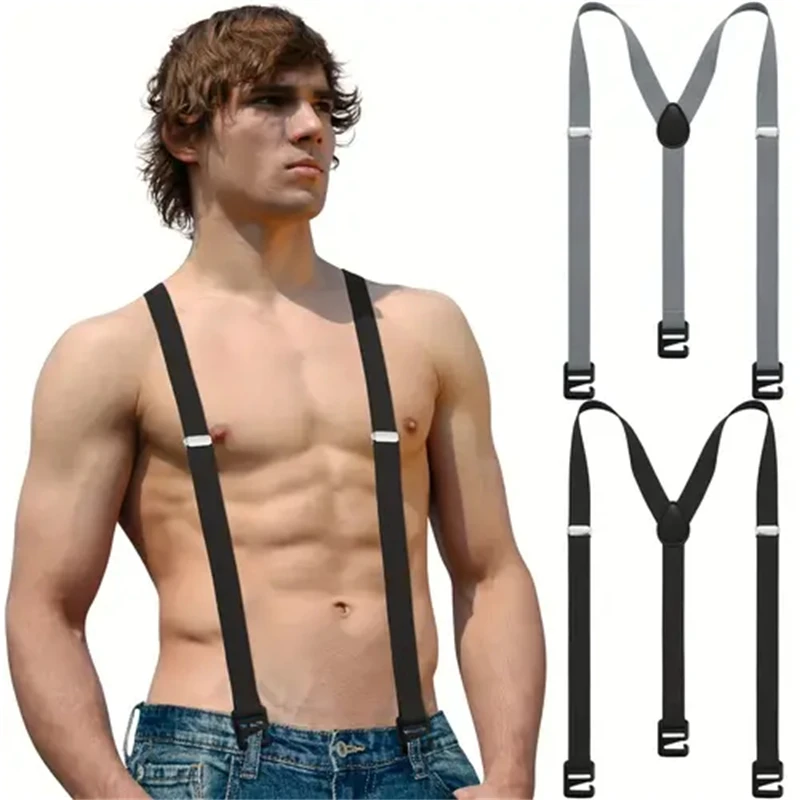 Heavy Duty Work Suspenders for Men 4cm Wide X-Back with 3 Plastic Gripper Clasps Adjustable Elastic Trouser Pants Braces-Black