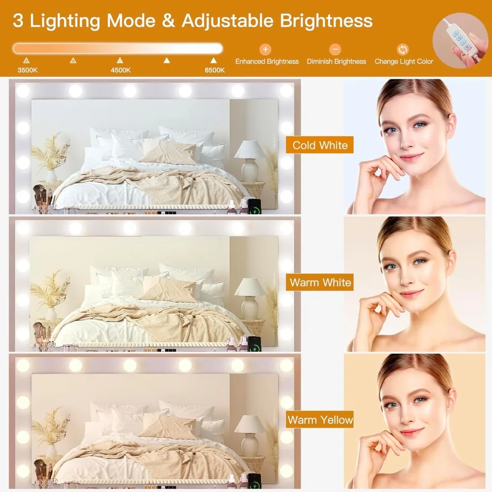 Meja Rias dengan Cermin Berlampu Besar dan Stopkontak, Meja Rias 46" dengan 9 Laci dan Desktop Kaca, Meja Rias