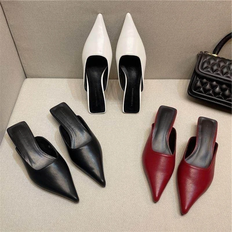 

New Spring Summer Low Heel Women Mules Slippers Fashion Cover Toe Slip On Slide Ladies Soft Leather Party Dress Sandalias