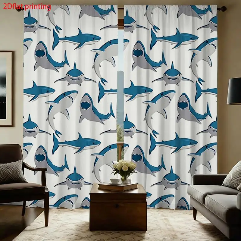 2pcs Shark Print Curtains Blue Shark Pattern Modern Beach Nautical Waterproof Bathroom Bedroom Window Drapes House Decor Curtain