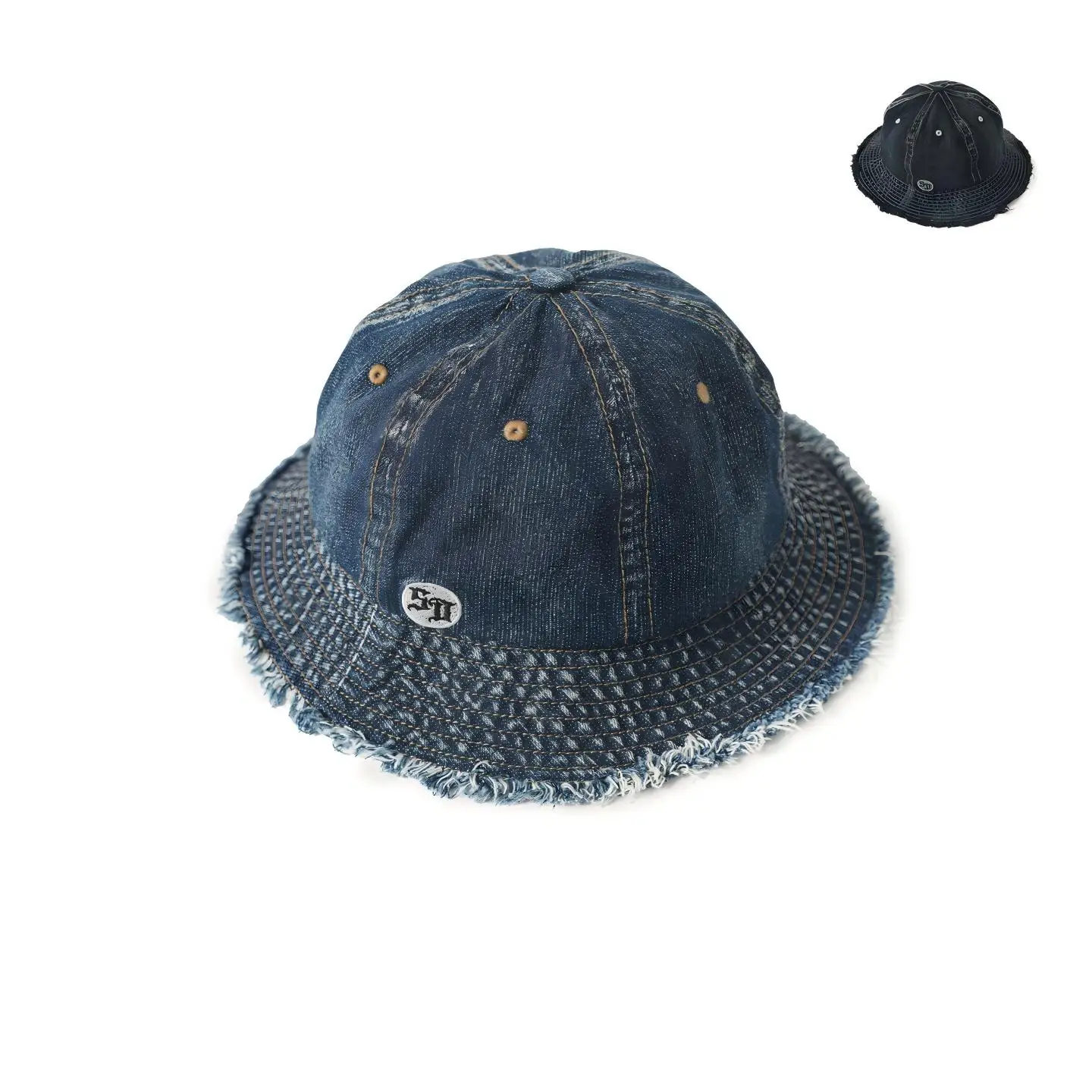 Vintage Washed Denim Frayed Brim Bucket Hat for Men Women Distressed Letter Embroidery Round Dome Sun Hat Unisex Outdoor Cap