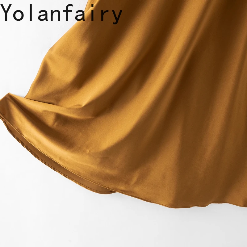 YOLANFAIRY 93% 뽕나무 실크 Sundress 여성 프랑스어 부드러운 크레페 새틴 여성 드레스 레트로 Drawstring 여름 우아한 숙녀 드레스