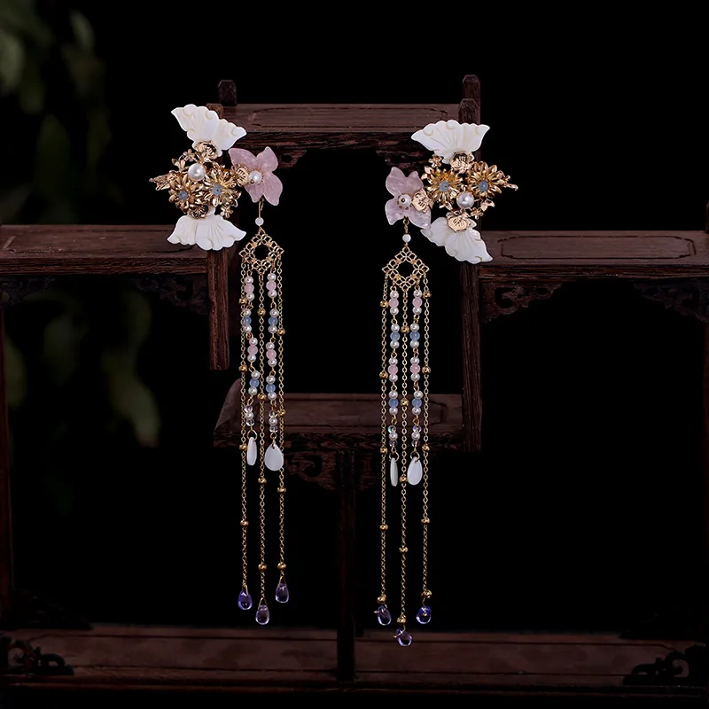 Chinese Xiuhe Shell Wings Headdress Fringe Ancient Style Hair Ornaments Flower Hair Clasp Set Xiuhe Clothing Accessories