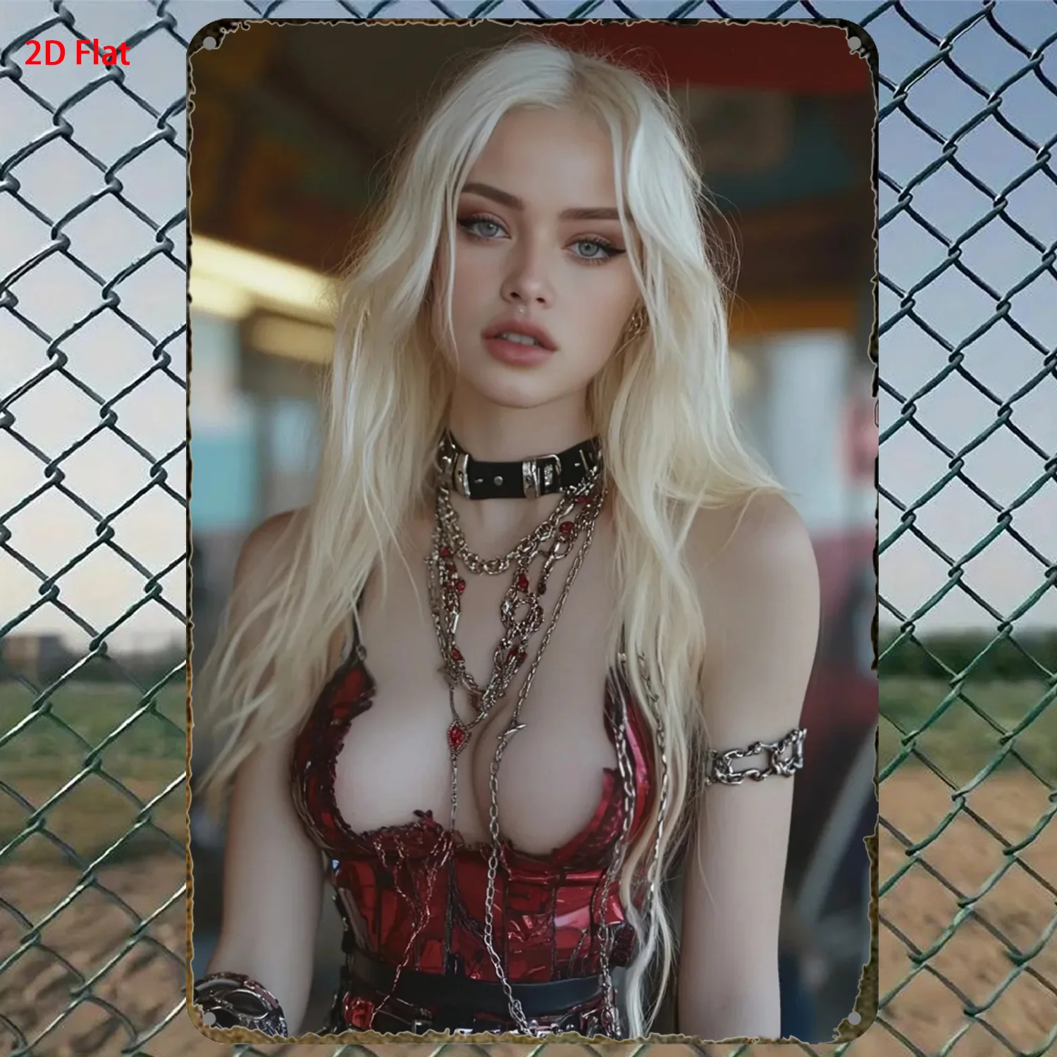 Retro Metal Tin Sign, Blonde Woman In Red Corset With Chains Print, Gothic Style Wall Decor for Home, Room, Club & Gift