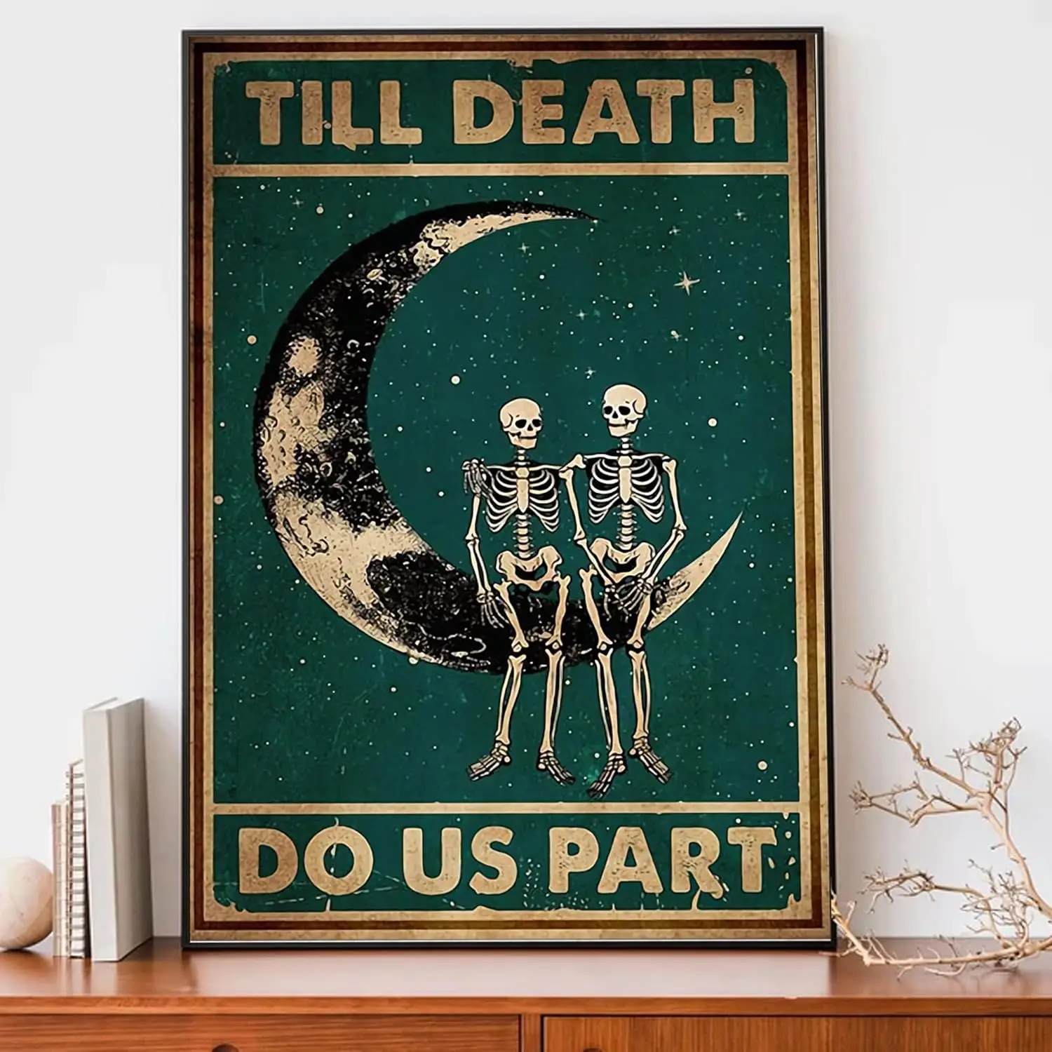 tuya Retro Metal Tin Sign 8 X 12 Inches Skeleton Couple Till Death Do Us Part Poster Skeleton Sit On The Moon Vintage Poster Hal