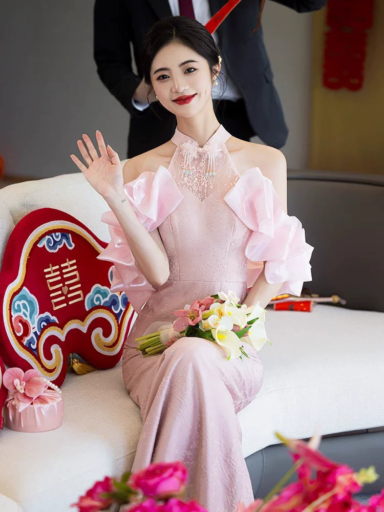 

Bridal Wedding Dress New Chinese Style Engagement Toast Clothes Sexy Slim Fish Tail Cheongsam Fashion Sequined Exquisite Qipao