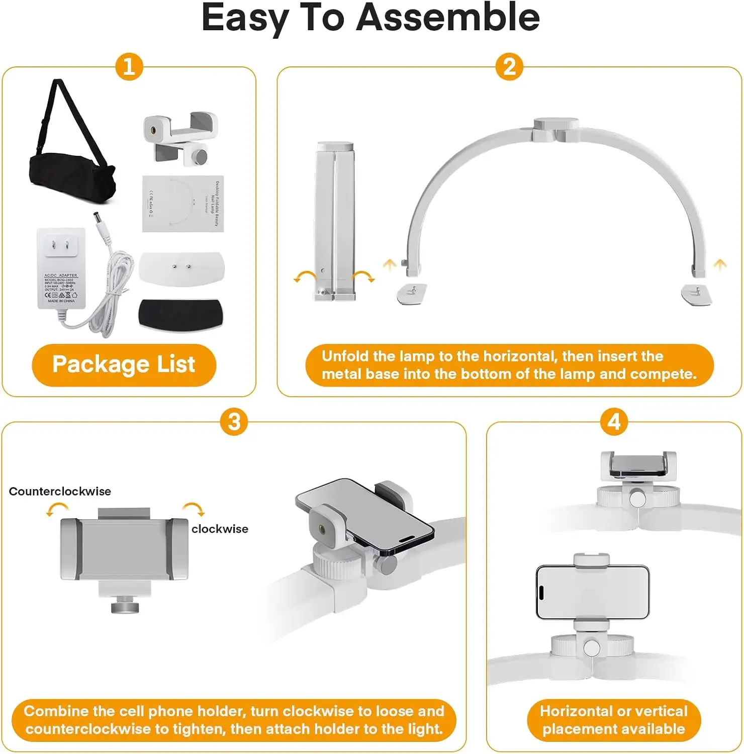 مصباح نصف قمر قابل للطي، مصباح تجميل لمكتب الأظافر، 3 أوضاع ألوان و10 مصابيح قوس سطوع مع حامل هاتف، للرموش،