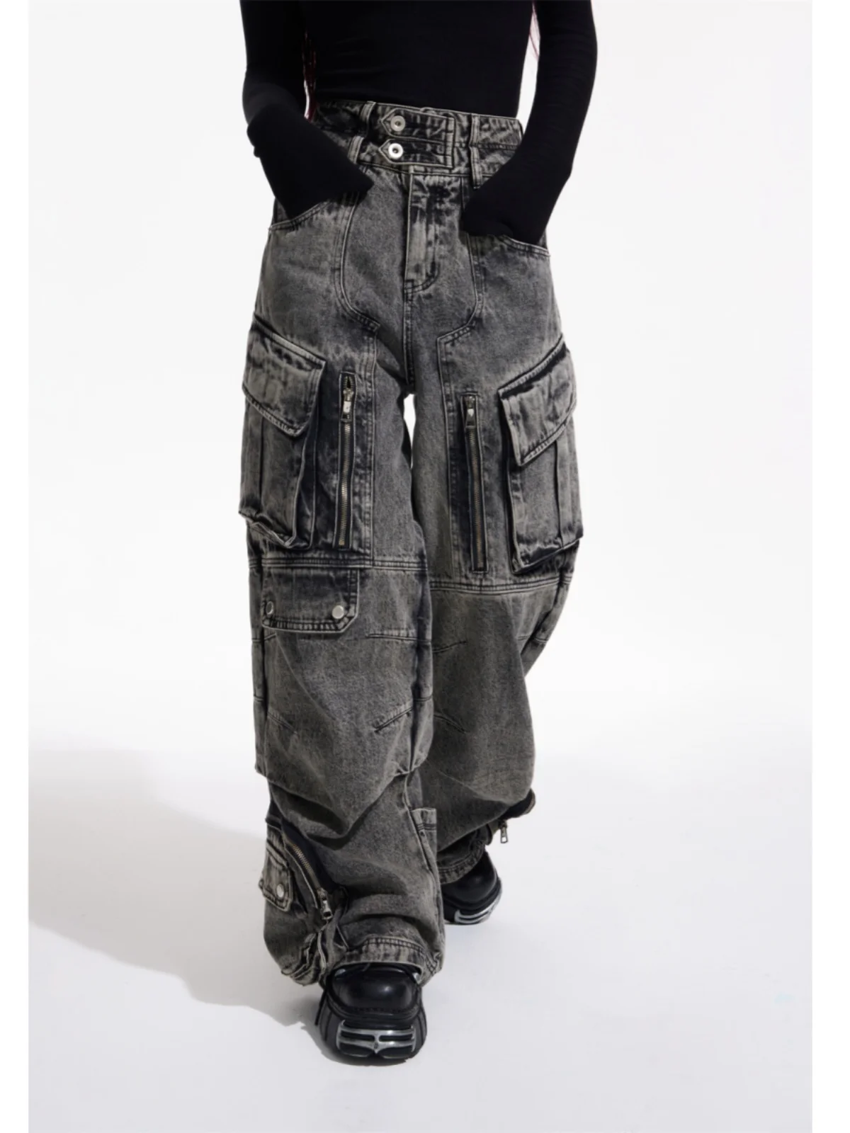 Retro werkkleding Sle Multi-ket wijde pijpen Casual lange jeans ex Loose Fit Jeugdige trend Bestand tegen vuil en slijtage