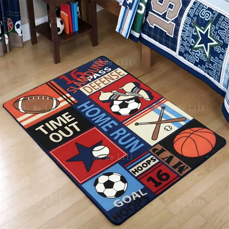 Flannel Floor Rugs Non Slip Fun Sports Balls Carpet Soccer Baseball Football Basketball With Multi Color For Boy Girl Playroom