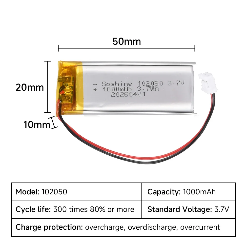 Soshine 102050 3.7V 1000mAh Lithium Polymer Batteries 102050 Lipo Cells Rechargeable Battery for MP3 GPS TWS Bluetooth Headset - view 3