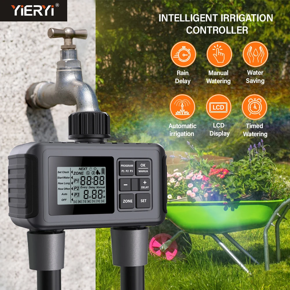 

Digital Automatic Irrigation Watering Timer System Rain Delay Separate Timing Programs Sprinkler for Outdoor Lawn Gardening Pool