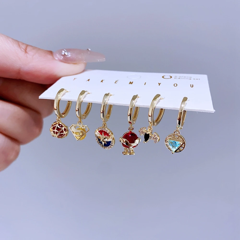 6pcs/Set Cool Mixed Movie Hero Pendants Huggie Hoop Earrings for Women Gold Color Zircon Crystal Jewelry