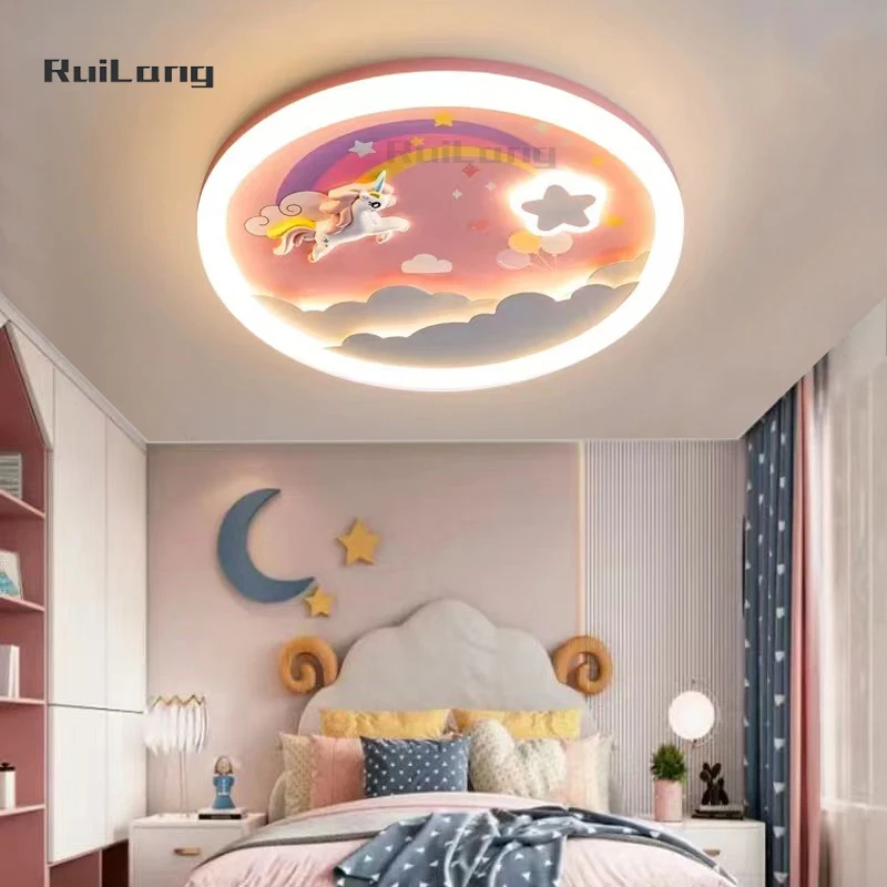 Kids Room Ceiling Light Unicorn Stars Rainbow Cloud Cartoon Pink Chandelier Princess Girls Bedroom Lamp Ceiling Led Plafondlamp